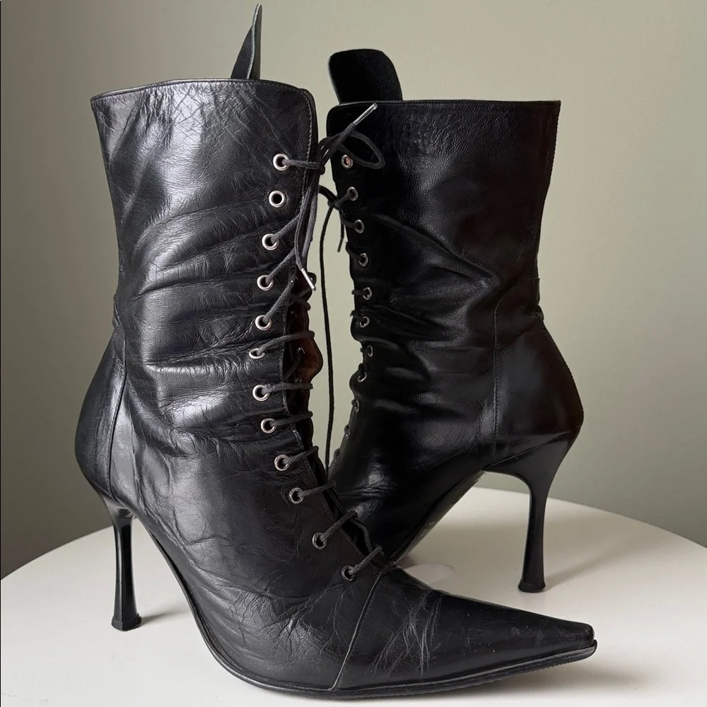 Gia Moretti leather pointed toe stiletto heel grommeted lace-up Boots Italian - Picture 11 of 17